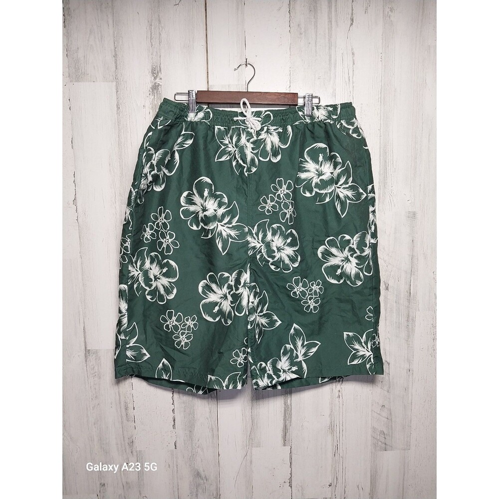 King Size KS Island Big Men's Green & White Hibiscus Print Swim Trunks XL